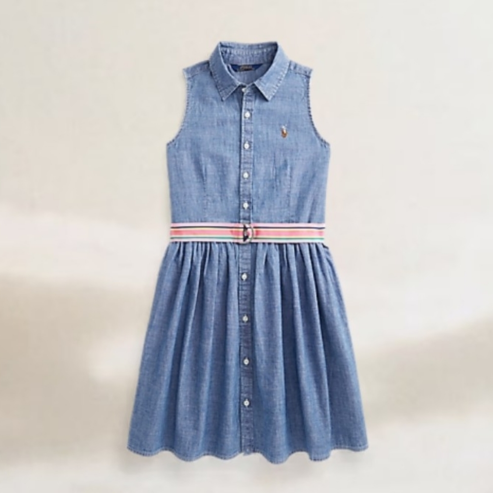 Polo by Ralph Lauren Girls' Blue Chambray Sleeveless Dress with Striped Belt